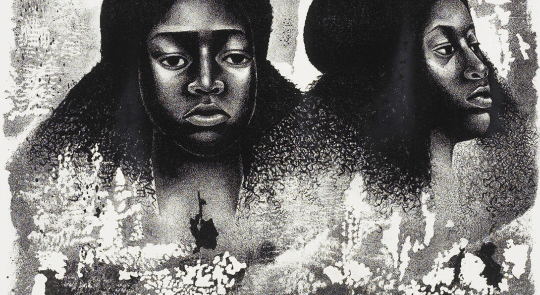 A black and white print by Elizabeth Catlett titled 