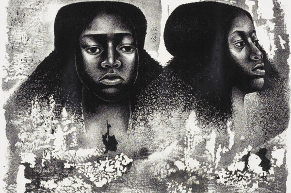 A black and white print by Elizabeth Catlett titled 